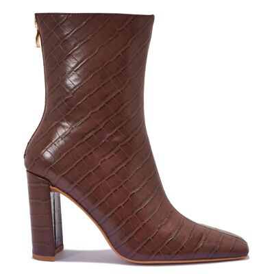 SQUARE TOE BLOCK HEEL PULL ON ANKLE BOOT - BROWN/CROC/PU/SYNTHETIC