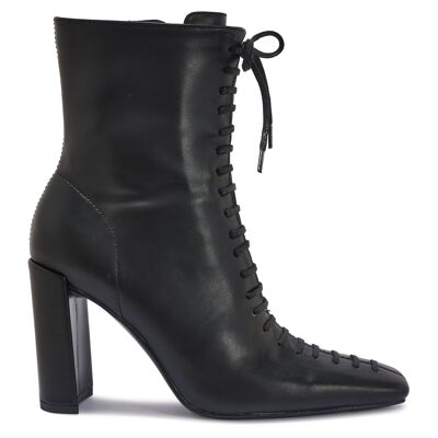 VICTORIAN SQUARE TOE BLOCK HEEL LACE UP BOOT - BLACK/PU/SYNTHETIC