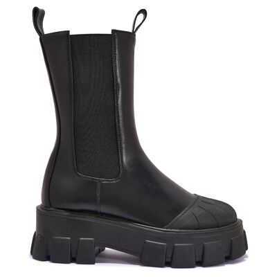 CALF LENGTH STRETCH PANEL EXTREME CHUNKY BOOT - BLACK/PU/SYNTHETIC