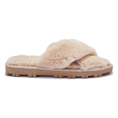 CROSSOVER DOUBLE STRAP FAUX FUR SLIPPERS - BEIGE/FUR/SYNTHETIC