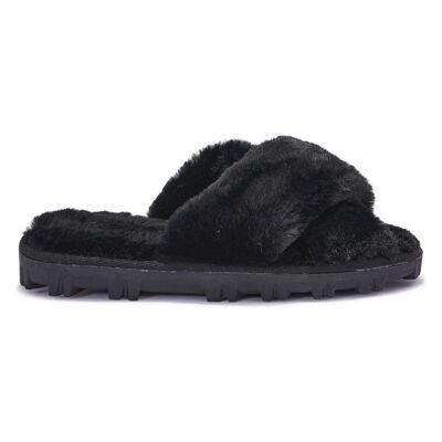 CROSSOVER DOUBLE STRAP FAUX FUR SLIPPERS - BLACK/FUR/SYNTHETIC