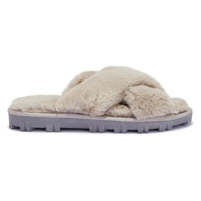 CROSSOVER DOUBLE STRAP FAUX FUR SLIPPERS - GREY/FUR/SYTHETIC