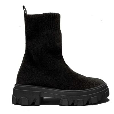 CHUNKY CLEATED DOUBLE SOLE RIBBED KNIT ANKLE SOCK BOOT - BLACK/KNIT/TEXTILE