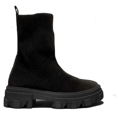 CHUNKY CLEATED DOUBLE SOLE RIBBED KNIT ANKLE SOCK BOOT - BLACK/KNIT/TEXTILE