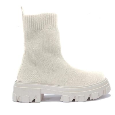 CHUNKY CLEATED DOUBLE SOLE RIBBED KNIT ANKLE SOCK BOOT - PUTTY/KNIT/TEXTILE
