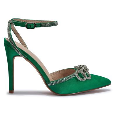 SILVER BOW EMBELLISHMENT POINTED TOE HEEL - GREEN/SATIN/TEXTILE