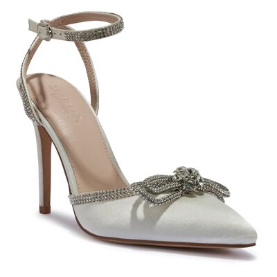 SILVER BOW EMBELLISHMENT POINTED TOE HEEL - IVORY/SATIN/TEXTILE