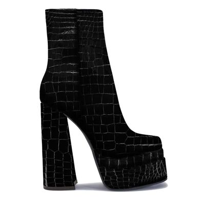CHUNKY DOUBLE SOLE PLATFORM BLOCK HEEL BOOT - BLACK/STRETCH/PU/SYNTHETIC