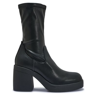 PLATFORM BLOCK HEEL SOCK BOOT - BLACK/STRETCH/PU/SYNTHETIC