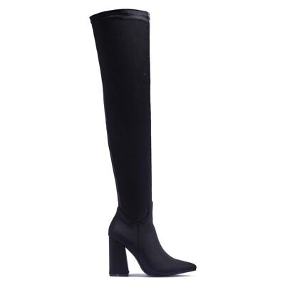WIDE FIT FLARE BLOCK HEEL OVER THE KNEE BOOT - BLACK/LYCRA/SYNTHETIC