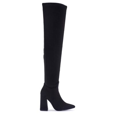 WIDE FIT FLARE BLOCK HEEL OVER THE KNEE BOOT - BLACK/MICROFIBRE/SYNTHETIC