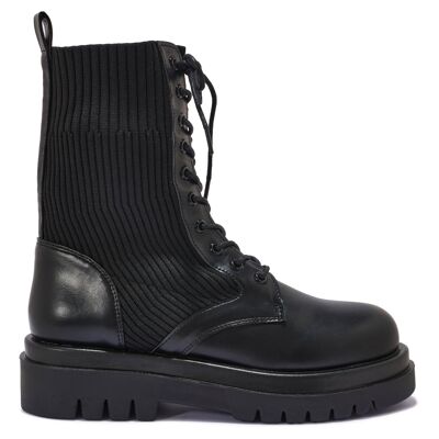 DOUBLE SOLE KNITTED LACE UP ANKLE BOOT - BLACK/PU/SYNTHETIC