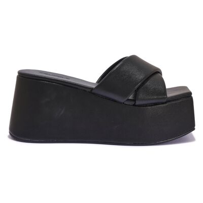 SQUARE TOE CROSS OVER WEDGE - BLACK/PU/SYNTHETIC