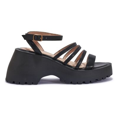CLEATED WEDGE HEEL STRAPPY SANDAL - BLACK/PU/SYNTHETIC