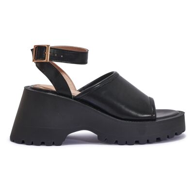 PLATFORM WEDGE CLEATED BUCKLE STRAP SANDAL - BLACK/PU/SYNTHETIC