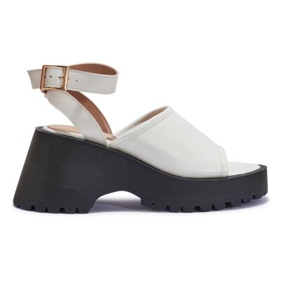 PLATFORM WEDGE CLEATED BUCKLE STRAP SANDAL - WHITE/PU/SYNTHETIC
