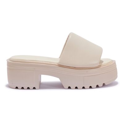 CHUNKY BLOCK HEEL CLEATED PLATFORM PADDED MULE - BISCUIT/PU/SYNTHETIC