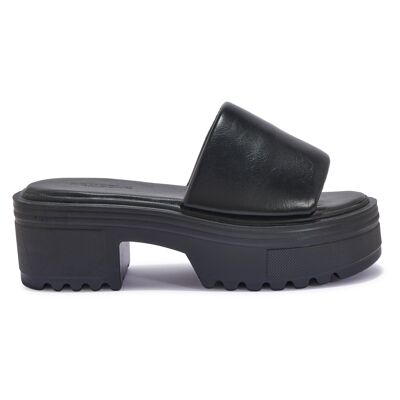 CHUNKY BLOCK HEEL CLEATED PLATFORM PADDED MULE - BLACK/PU/SYNTHETIC