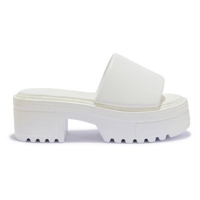 CHUNKY BLOCK HEEL CLEATED PLATFORM PADDED MULE - WHITE/PU/SYNTHETIC