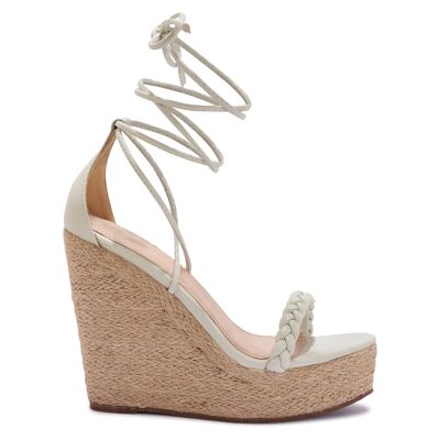 WOVEN HIGH WEDGE WRAP AROUND SANDAL - WHITE/PU/SYNTHETIC