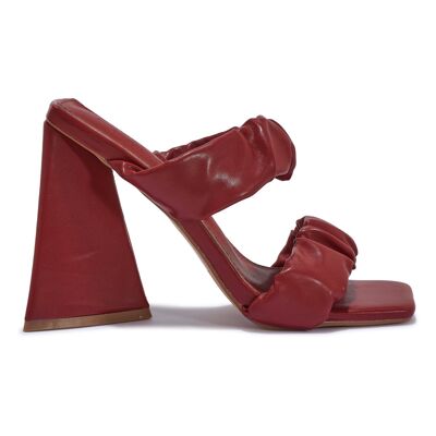 RUCHED DOUBLE STRAP BLOCK HEEL SANDAL - RED/PU/SYNTHETIC