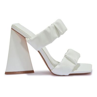 RUCHED DOUBLE STRAP BLOCK HEEL SANDAL - WHITE/PU/SYNTHETIC