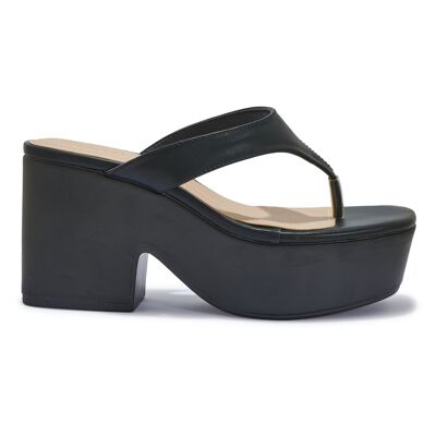 PLATFORM BLOCK HEEL TOE POST SANDAL - BLACK/PU/SYNTHETIC