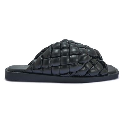 PADDED WOVEN CROSS-OVER SLIDES - BLACK/PU/SYNTHETIC