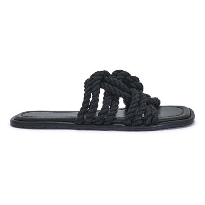 ENTWINED ROPE FLAT SANDAL - BLACK/ROPE/TEXTILE