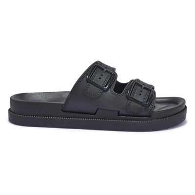 DOUBLE BUCKLE STRAP FLAT SANDAL - BLACK/PU/SYNTHETIC
