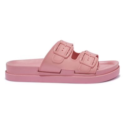 DOUBLE BUCKLE STRAP FLAT SANDAL - PINK/PU/SYNTHETIC