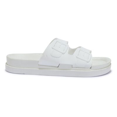 DOUBLE BUCKLE STRAP FLAT SANDAL - WHITE/PU/SYNTHETIC