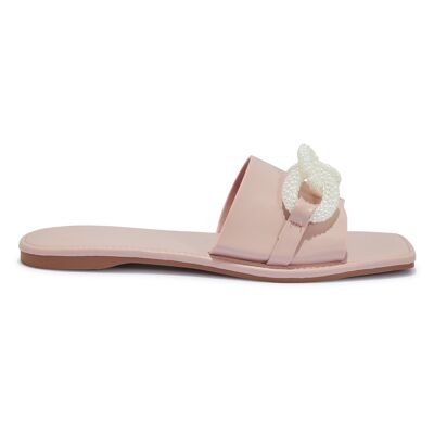 EMBELLISHED PEARL DETAIL FLAT SANDAL - PINK/PU/SYNTHETIC