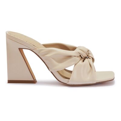 KNOTTED BLOCK FLARE HEEL MULE - NUDE/PU/SYNTHETIC