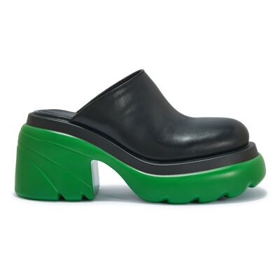 CLEATED BLOCK HEEL DOUBLE SOLE PU CLOG - BLACK/GREEN/PU/SYNTHETIC