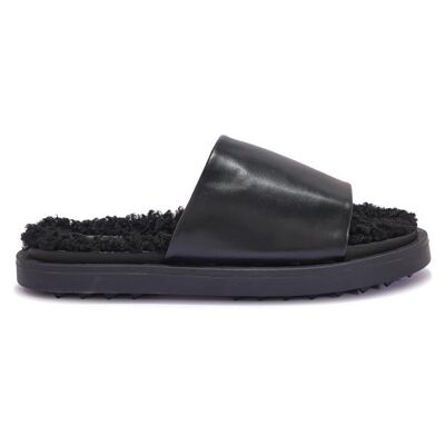 FAUX FUR SOCK MULE SLIDER - BLACK/PU/BLACKFUR/SYNTHETIC