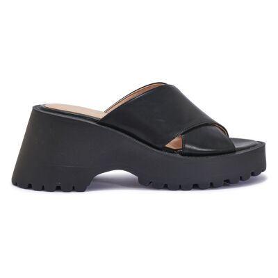 CROSSOVER STRAP CLEATED WEDGE HEEL SANDAL - BLACK/PU/SYNTHETIC