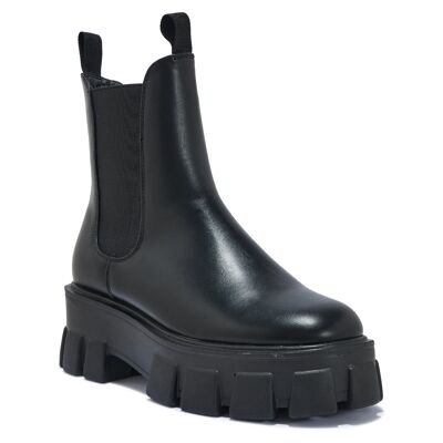 CHUNKY CLEATED ANKLE BOOT WITH STRETCH PANEL - BLACK/PU/SYNTHETIC