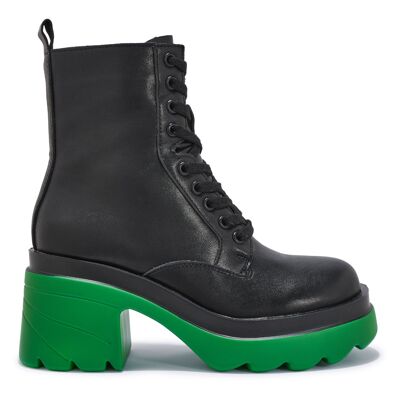 CHUNKY BLOCK HEEL LACE UP BOOT - BLACK/GREEN/PU/SYNTHETIC