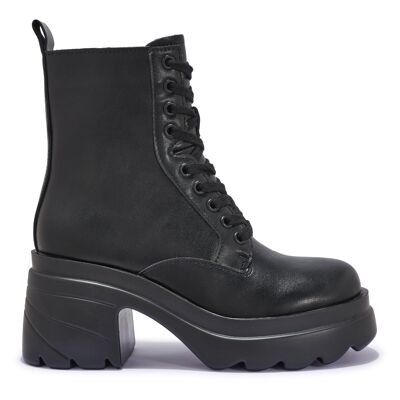 CHUNKY BLOCK HEEL LACE UP BOOT - BLACK/PU/SYNTHETIC