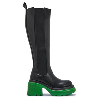 CHUNKY BLOCK HEEL KNEE HIGH BOOT - BLACK/GREEN/PU/SYNTHETIC