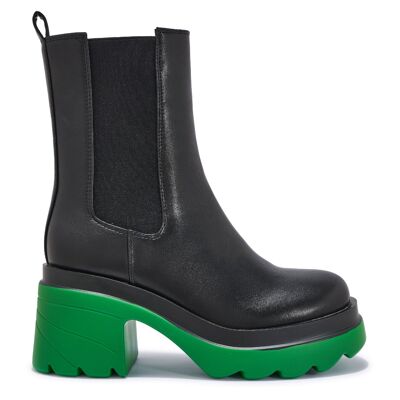 CHUNKY BLOCK HEEL CLEATED ANKLE BOOT - BLACK/GREEN/PU/SYNTHETIC