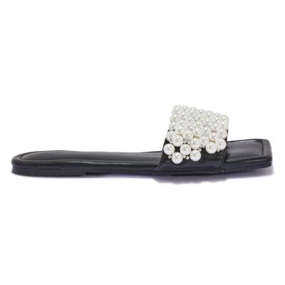 FAUX PEARL EMBELLISHED SLIDER - BLACK/PU/SYNTHETIC