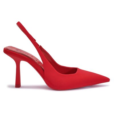 FAUX SUEDE SLING BACK COURT HEEL - RED/SATIN/TEXTILE