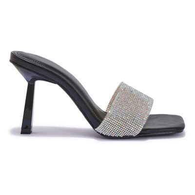 CHUNKY DIAMANTE STRAP FLARE HEEL MULE - BLACK/PU/SYNTHETIC