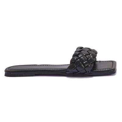 SQUARE TOE WEAVE FLAT SANDAL - BLACK/PU/SYNTHETIC