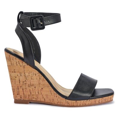 CROSS BACK SANDAL WEDGE - BLACK/PU/SYNTHETIC