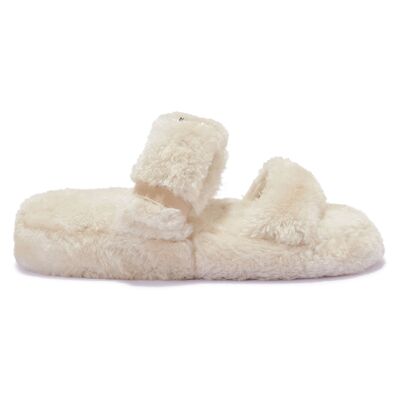 FAUX FUR DOUBLE STRAP BUCKLE SLIPPERS - BEIGE/FUR/SYNTHETIC