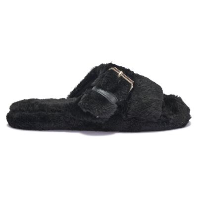 FAUX FUR DOUBLE STRAP BUCKLE SLIPPERS - BLACK/FUR/SYNTHETIC