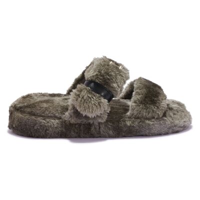 FAUX FUR DOUBLE STRAP BUCKLE SLIPPERS - GREY/FUR/SYTHETIC
